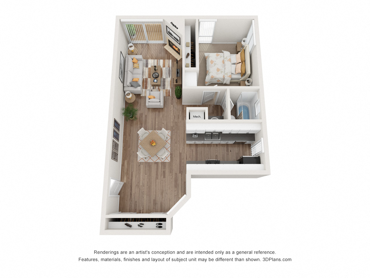 Floor plan for 1 bed, 1 bath, 740 sqft